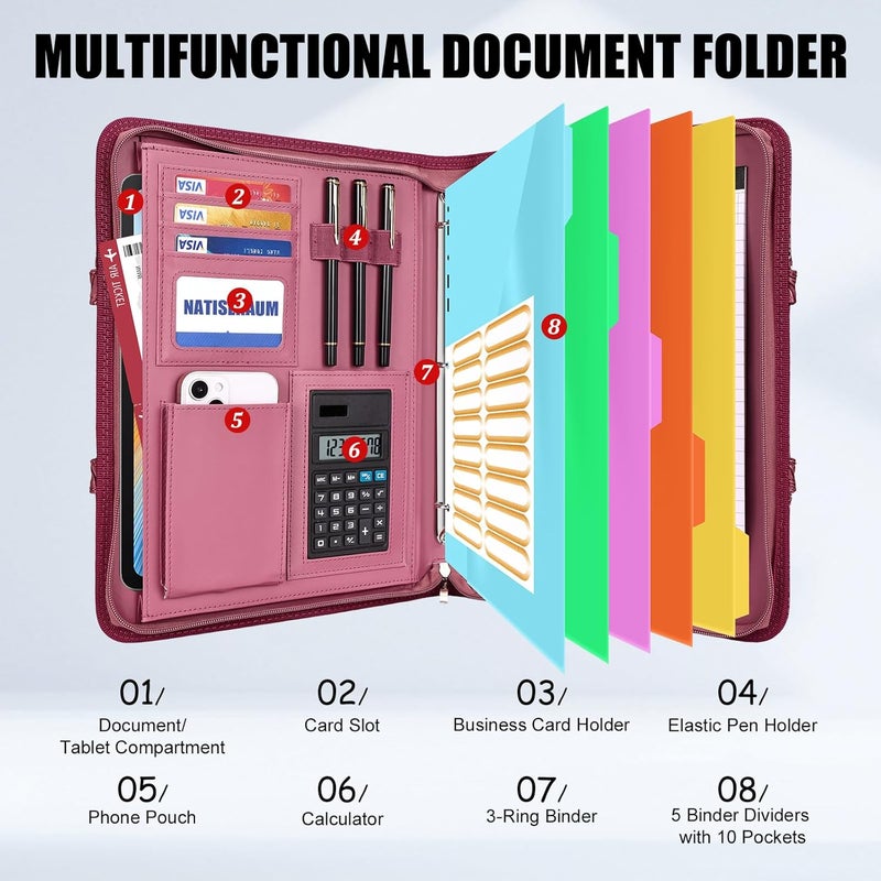 NATISERAUM Portfolio Binder 3 Ring Includes Pen and 5 Dividers with 10 Pockets, Padfolio Organizer with Zipper for Men and Women, Includes A4 Notepad for Business, School, Work - Image 2